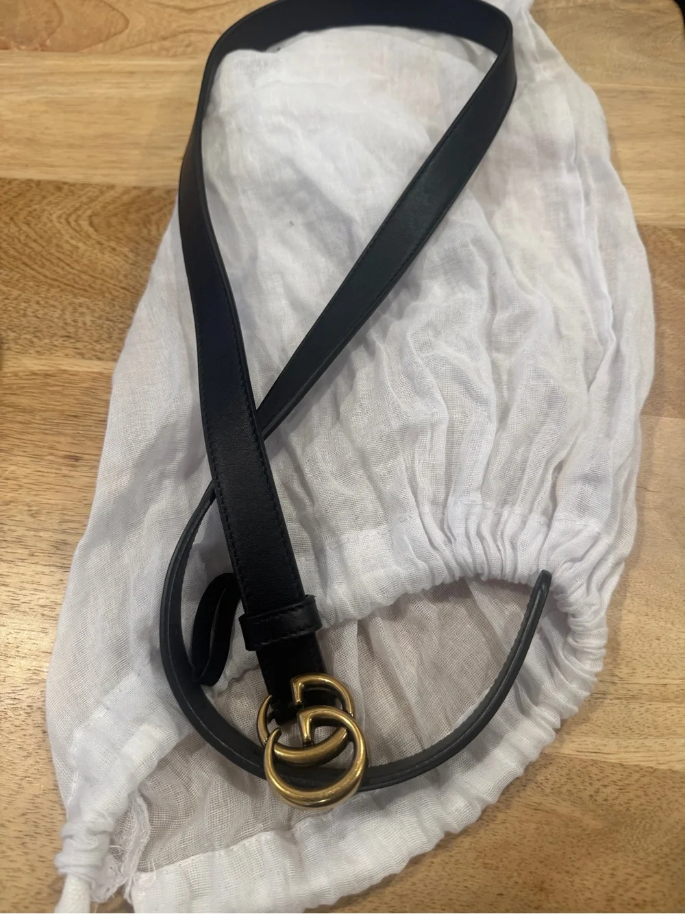 Gucci Marmont Thin Belt (Black Leather Belt with Gold Double G Buckle)